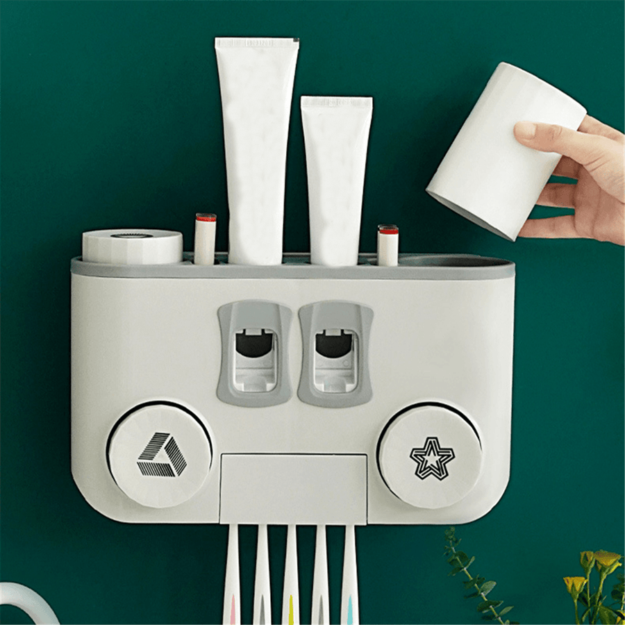 Perforation-Free Wall-Mounted Multifunctional Plastic Four-Cup Toothbrush Holder Set - Trendha