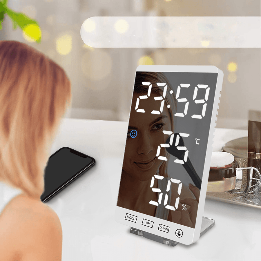 6 Inch LED Mirror Alarm Clock Touch Button Wall Digital Clock Time Temperature Humidity Display USB Output Port Table Clock - Trendha
