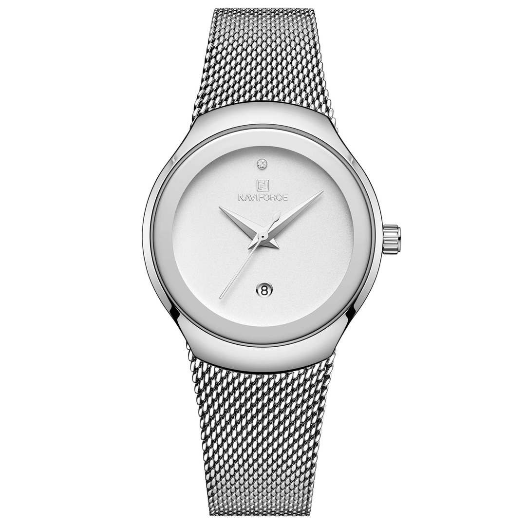 NAVIFORCE NF5004 Waterproof Mesh Steel Ladies Wrist Watch Fashionable Date Display Quartz Watch - Trendha