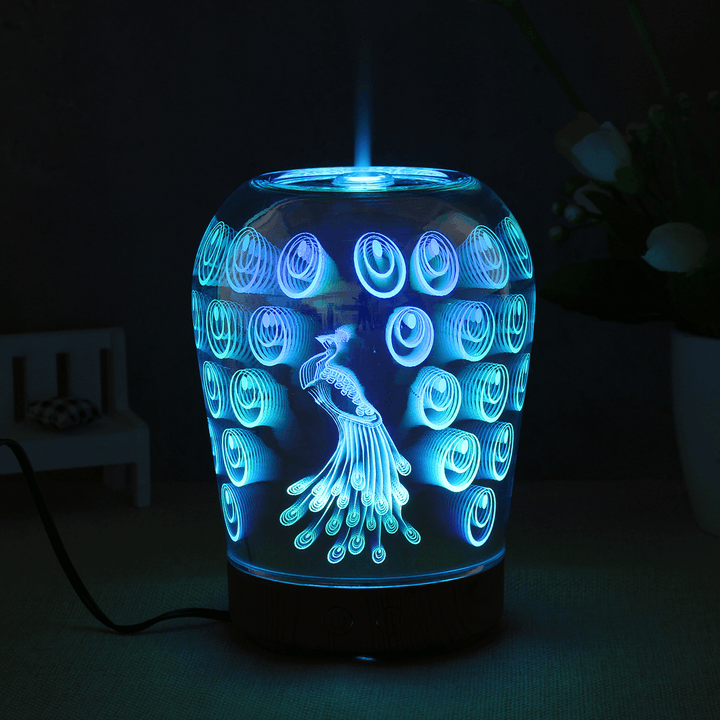 LED Essential Oil Aroma Diffuser Peacock Glass Ultrasonic Humidifier Aromatherapy 3D Effect - Trendha