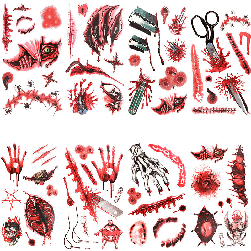 Halloween Props Tattoo Stickers Horror Simulation Wound Realistic Blood Scars Scratches Stitch Pattern - Trendha