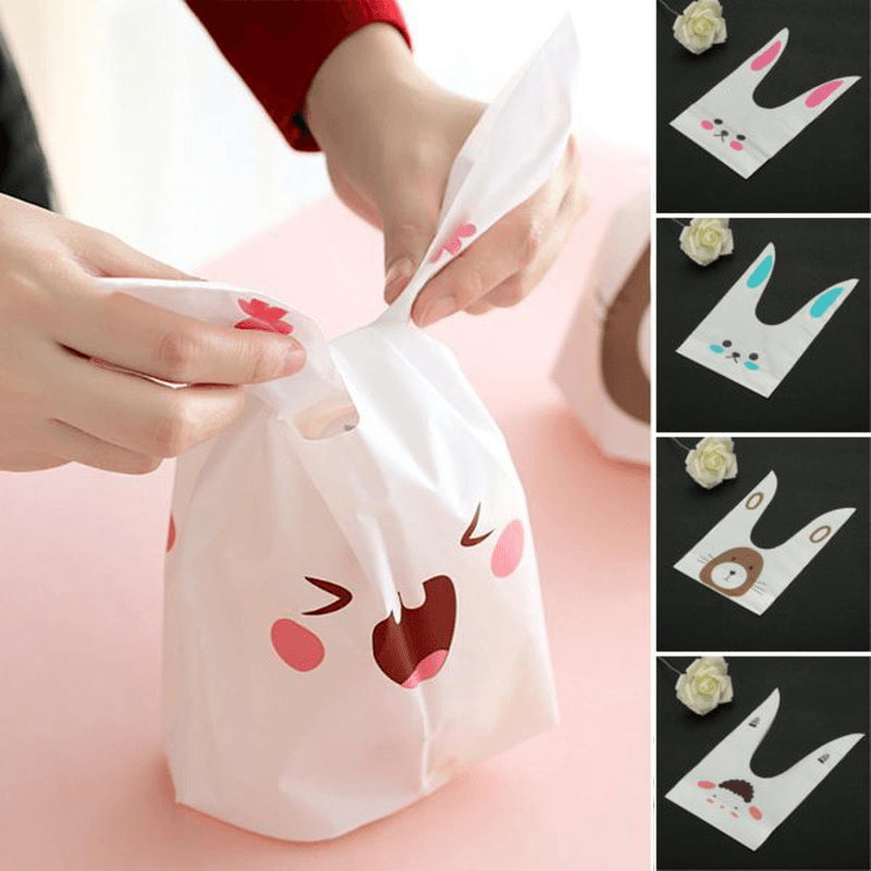 50Pcs Cute Easter Bunny Cookies Bag Wedding Decoration Kawaii Rabbit Ear Plastic Candy Bag - Trendha