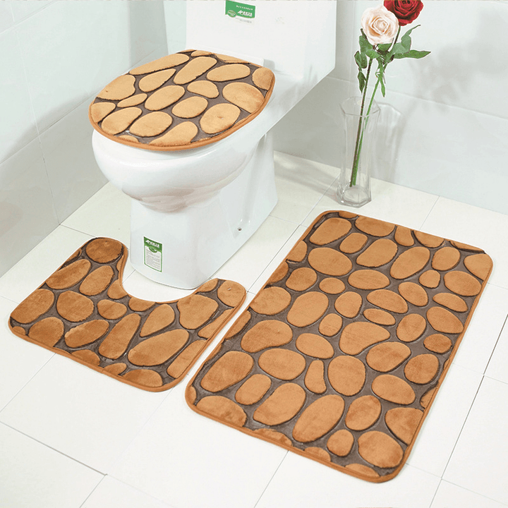 3Pcs 3D Stone Printed Bathroom Mats Set Toilet Carpets Coral Fleece Lid Toilet Seat Cover Pedestal Rug Shower Pad - Trendha