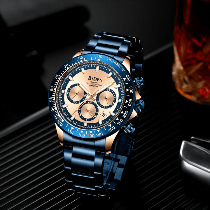 BIDEN BD0335 Business Style Full Steel Band Men Wrist Watch Calendar Luminous Display Quartz Watch - Trendha