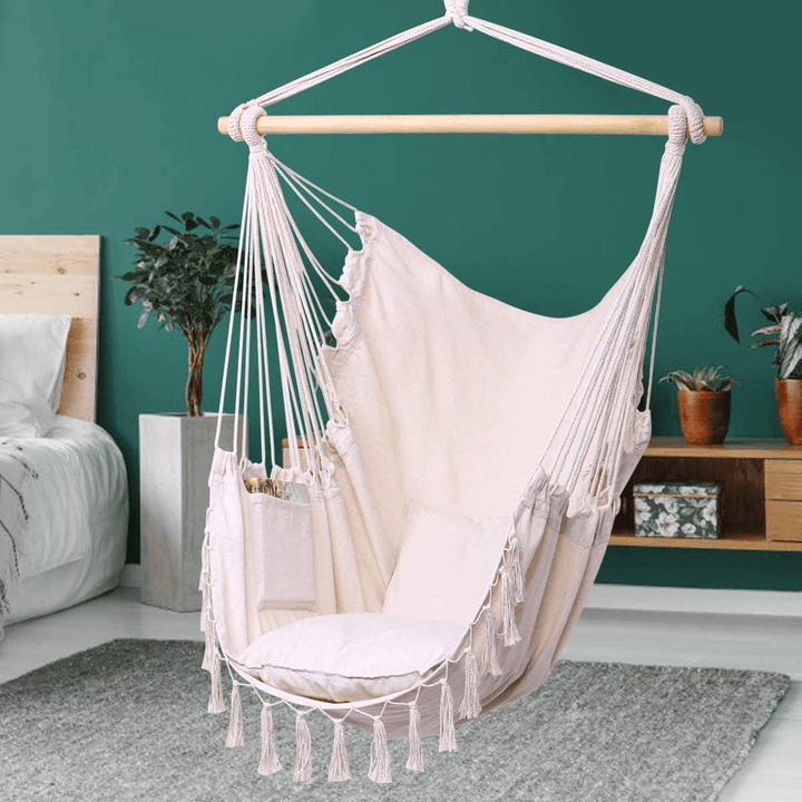 Garden Hammock Chair Hanging Swing Seat Wooden Rope Swing Seat with 2 Cushion - Trendha