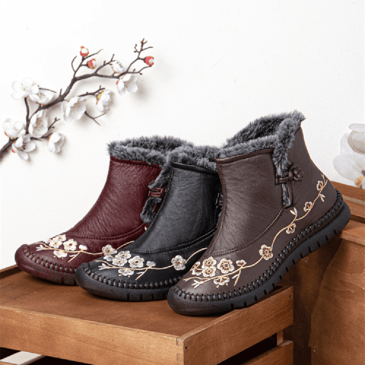 Women Solid Color Casual Retro Embroidered Warm Comfortable Soft Flat Short Boots - Trendha