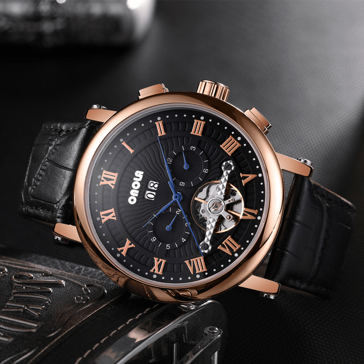 ONOLA ON6801 Fashion Men Automatic Watch Flywheel Hollow Date Display Leather Strap Mechanical Watch - Trendha