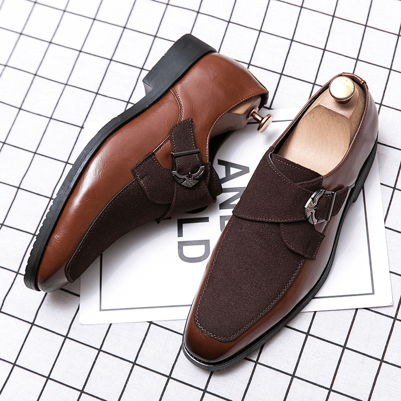 Men Retro Metal Buckle Leather Splicing Synthetic Suede Comfy Wearable Business Casual Shoes - Trendha