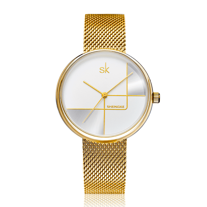 SHENGKE SK K0105L Geometric Line Simple Needle Dial Women Full Steel Ladies Dress Luxury Quartz Watch - Trendha