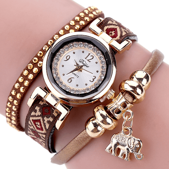 DUOYA XR1889 Fashionable Gold Elephant Ladies Bracelet Watch Leather Strap Quartz Watches - Trendha