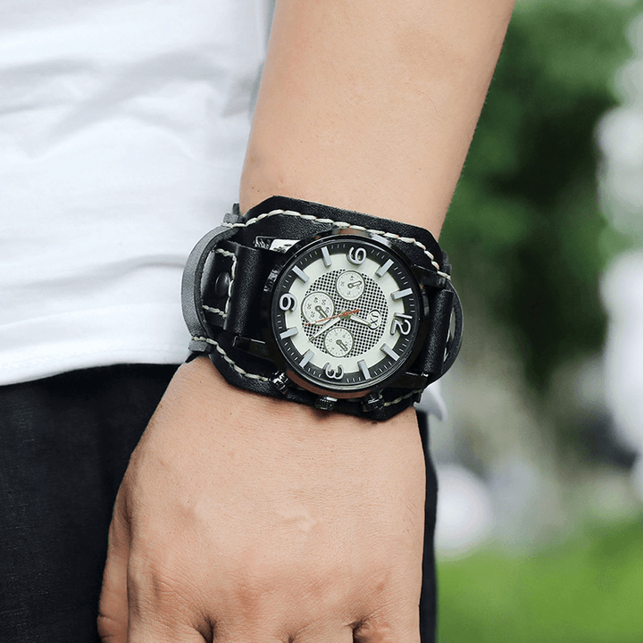 Deffrun Fashionable Cow Leather Band Men Wrist Watch Stereoscopic Numerals Design Quartz Watch - Trendha