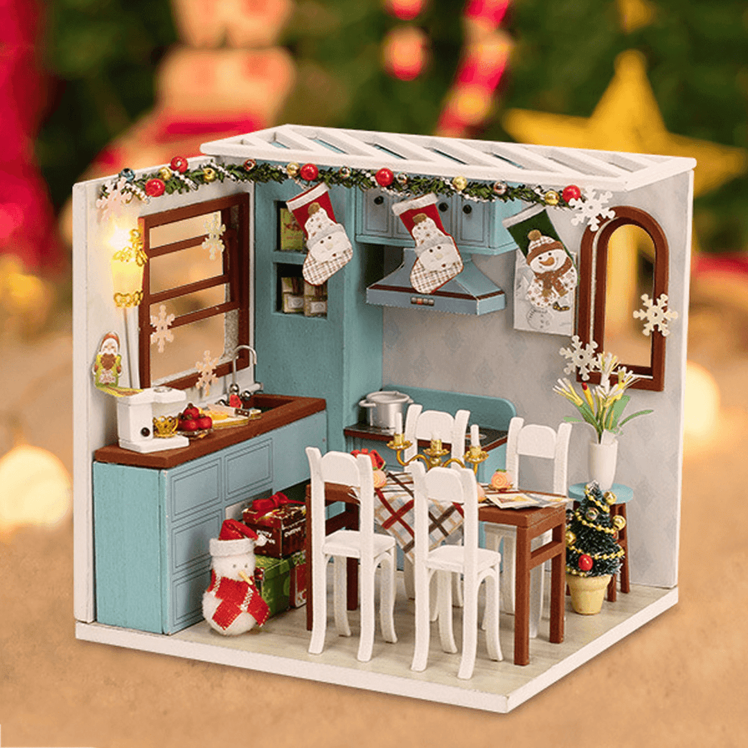 Wooden Dining Room DIY Handmade Assemble Doll House Miniature Furniture Kit Education Toy with LED Light for Collection Birthday Gift - Trendha