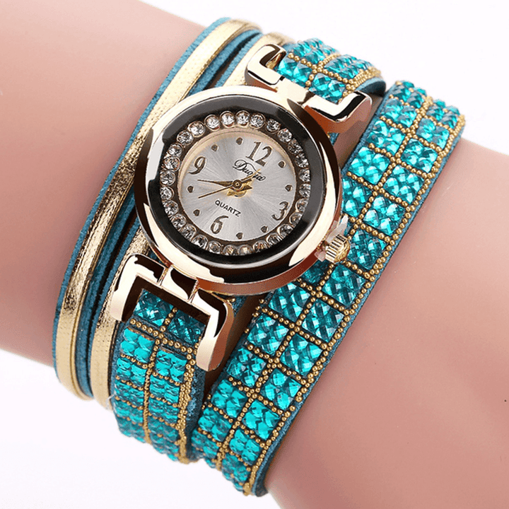 DUOYA Fashion Style Leather Band Bracelet Winding Rhinestones Dial Quartz Moement Ladies Watches - Trendha