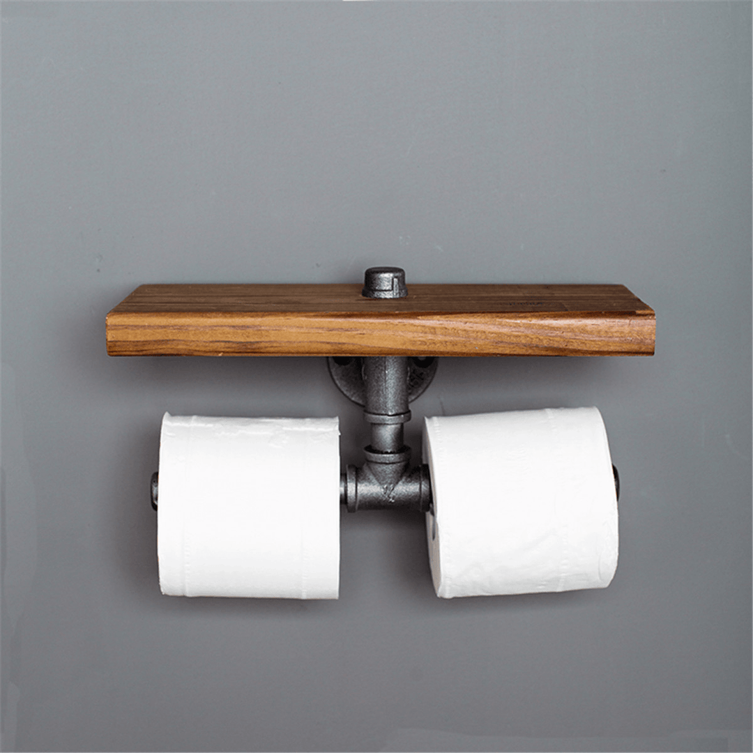 Double Toilet Paper Holder Urban Industrial Iron Pipe Wall Mount with Wood Shelf Paper Shelf Holder - Trendha