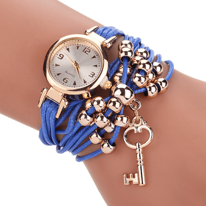 Gold Case Colorful Leather Beading Strap Ladies Dress Women Bracelet Wristband Quartz Watch - Trendha