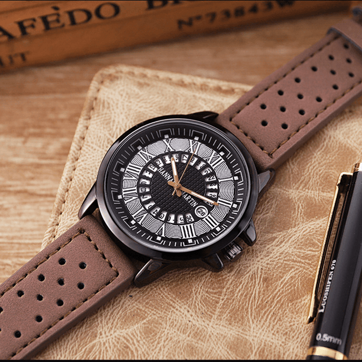 Fashion Casual Roman Numerals Creative Dial Date Display Leather Strap Men Quartz Watch - Trendha