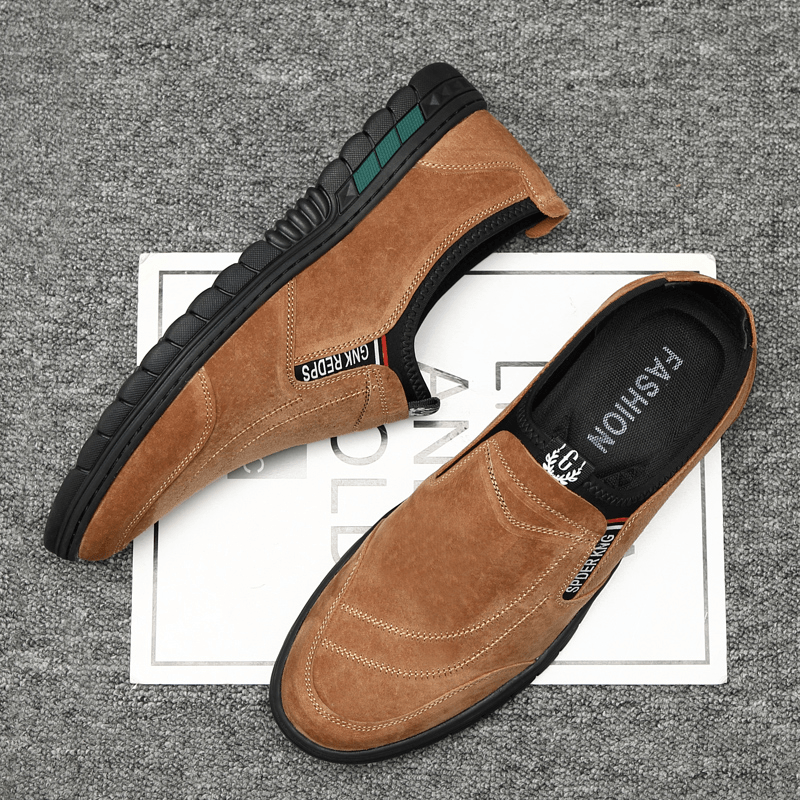 Men Comfy Pigskin Leather Stitching Non-Slip round Toe Lazy Slip-On Loafers Shoes - Trendha
