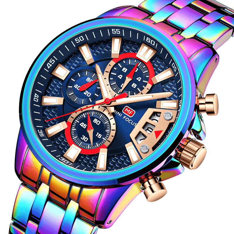 MINI FOCUS MF0352G Multifunction Colorful Waterproof Quartz Watch Date Display Full Steel Men Watches - Trendha
