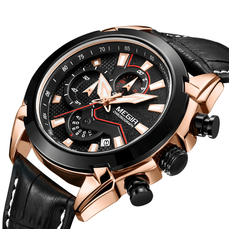 MEGIR 2065 Sport Watches Creative Chronograph Quartz Leather Strap Men Watch - Trendha