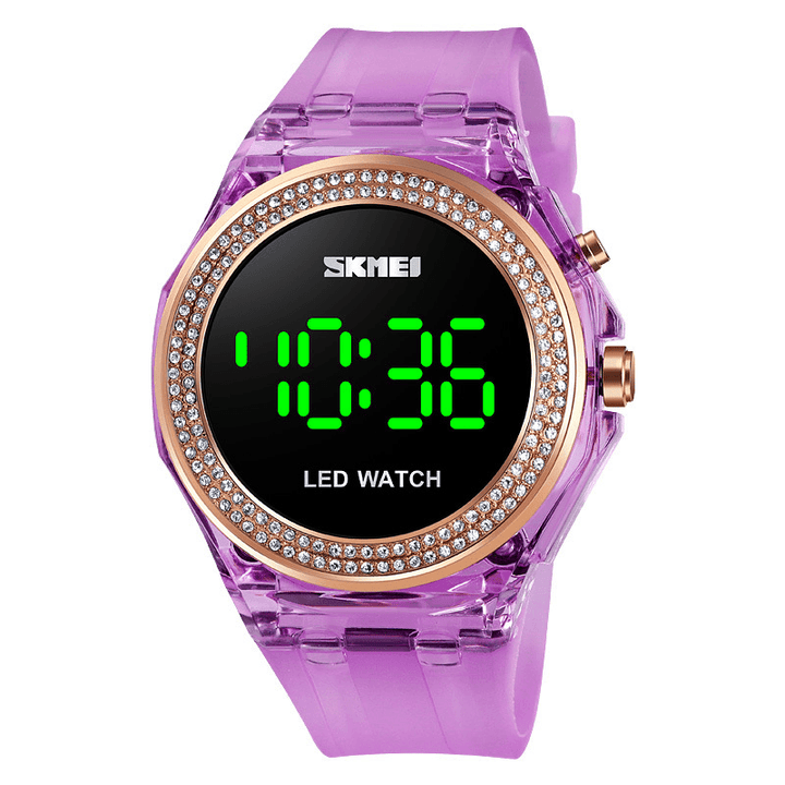 SKMEI 1597 Fashion Women Watch Diamond Dial Transparent PU Strap Luminous Display Lady Digital Watch - Trendha