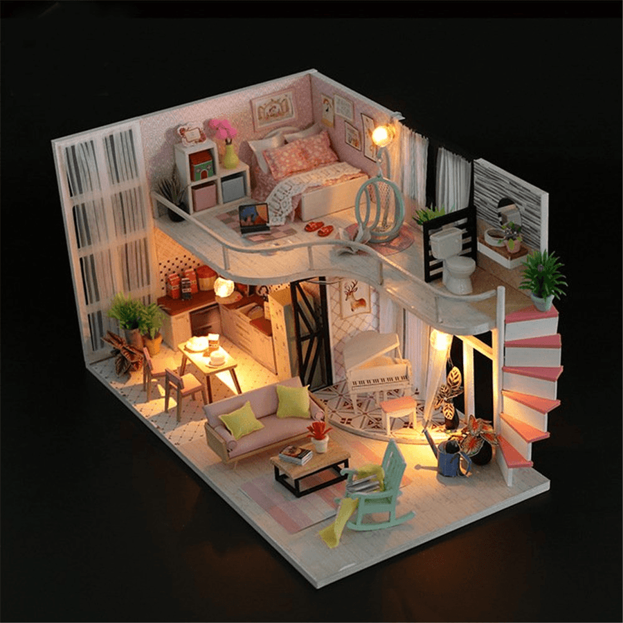 Hoomeda Handmake DIY Wood Dollhouse Miniature Doll House with Dust Cover - Trendha
