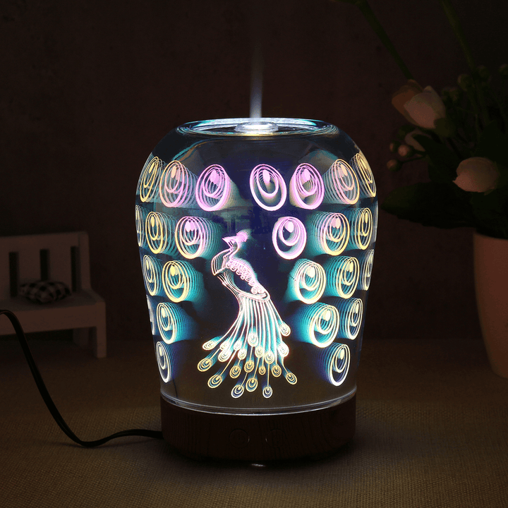 LED Essential Oil Aroma Diffuser Peacock Glass Ultrasonic Humidifier Aromatherapy 3D Effect - Trendha