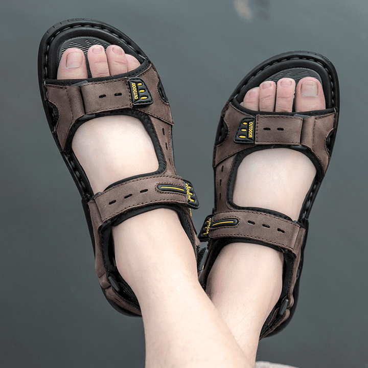 Men Cowhide Leather Breathable Non Slip Opened Beach Casual Outdoor Sandals - Trendha