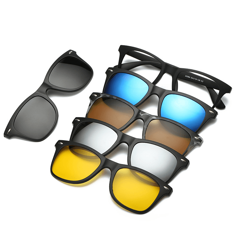 5 in 1 TR-90 Polarized Magnetic Glasses Clip on Magnetic Lens Sunglasses Uv-Proof Night Vision with Leather Bag - Trendha