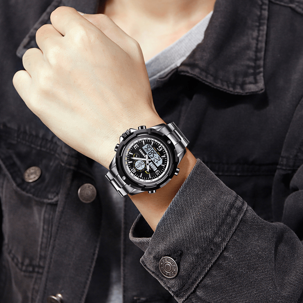 SKMEI 1499 Fashion Men Digital Watch Luminous Date Week Display Stopwatch Countdown Stainless Steel Strap Dual Display Watch - Trendha