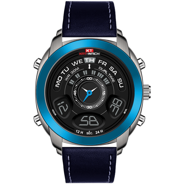 KAT-WACH 731 Fashion Sport Men Digital Watch Date Week Month Display Chronograph Leather Strap LED Dual Display Watch - Trendha