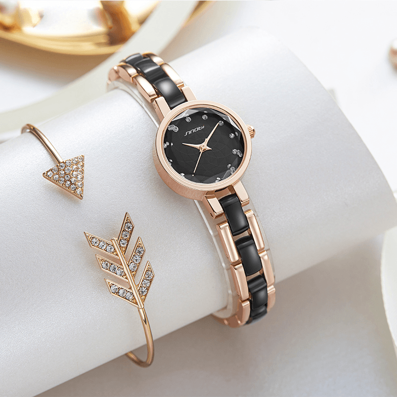 SINOBI 9836 Women Simple Three-Pin Crytal Diamonds Dial Fashion Ceramic Steel Strap Quartz Watch - Trendha