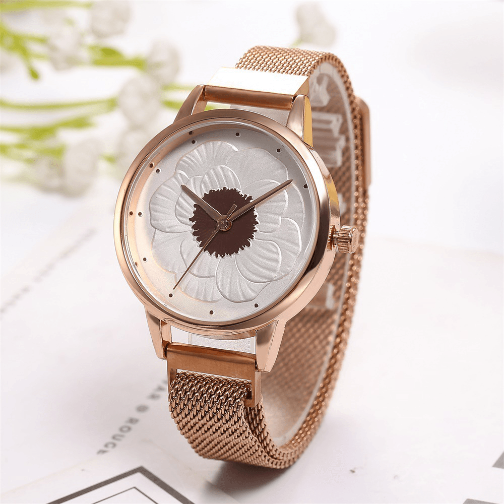 KH019 Fashion Elegant 3D Flower Pattern Magnetic Buckle Milanese Mesh Steel Strap Ladies Wristwatches Quartz Watch - Trendha