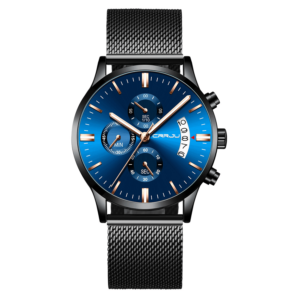 CRRJU 2273 Men Fashion Blue Dial Full Mesh Steel Strap Sport Clock Waterproof Quartz Watch - Trendha