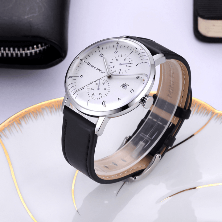 MINI FOCUS MF0052G Leather Strap Men Watch Casual Style Luminous Hand Quartz Watches - Trendha
