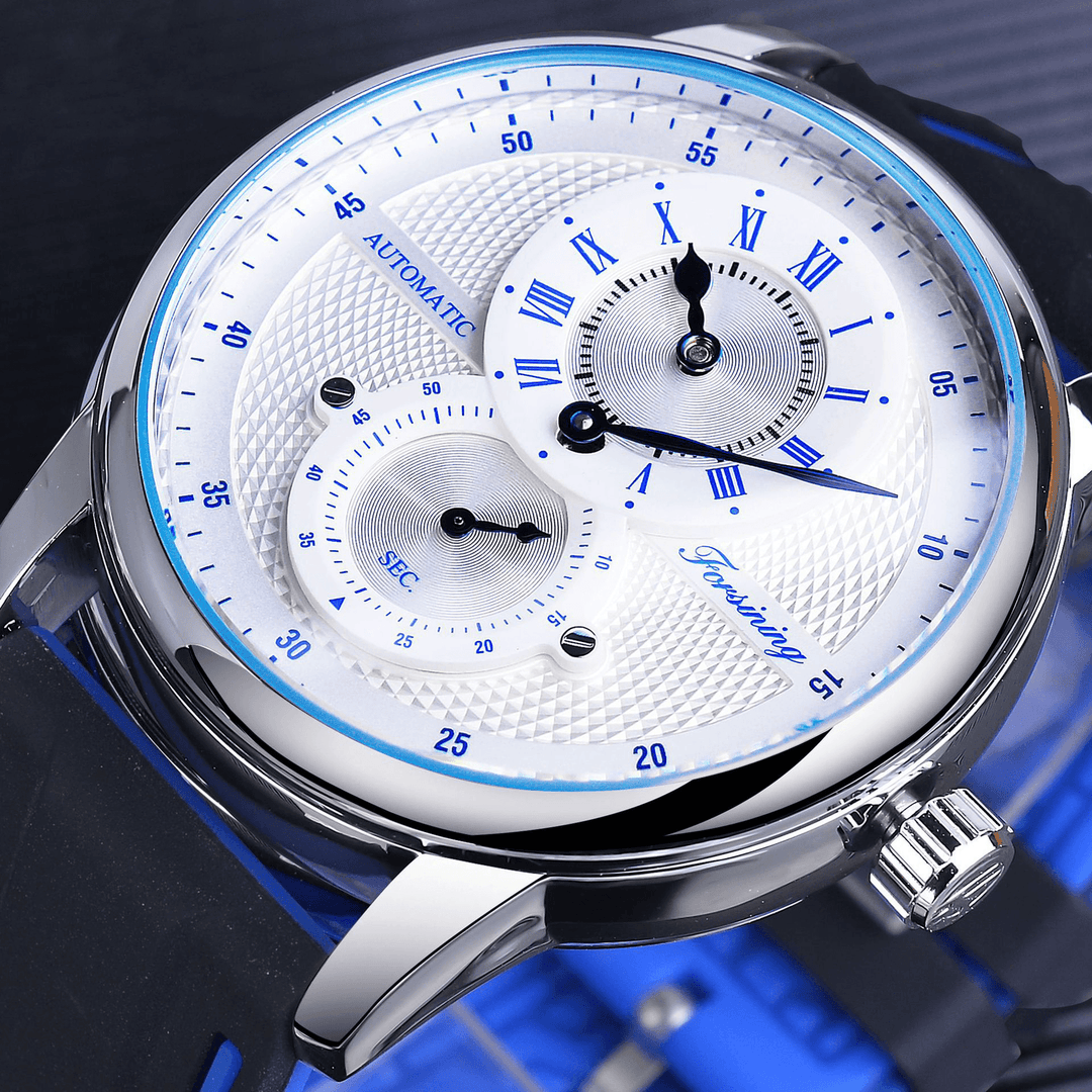 FORSINING 8203 Sports Casual Multifunction Dial Silicone Strap Men 3ATM Waterproof Automatic Mechanical Watch - Trendha