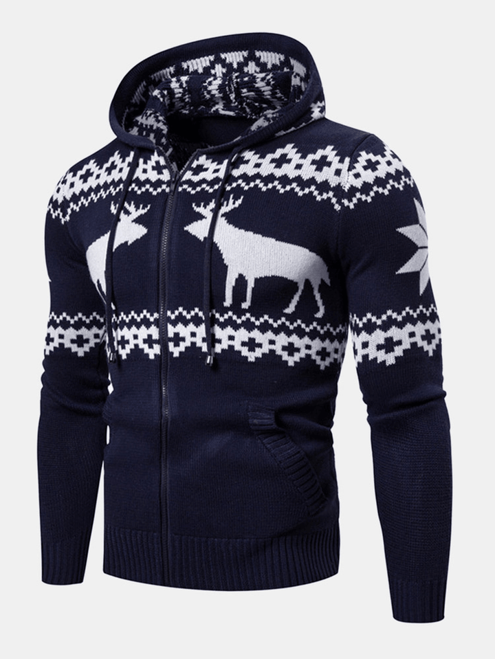 Christmas Mens Deer Pattern Knitted Hooded Sweater Cardigans with Pocket - Trendha