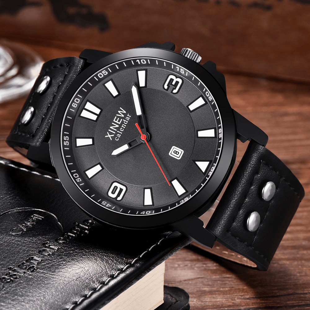 Fashion Elegant Business Sports Large Dial Watch Calendar Leather Belt Men Quartz Watch - Trendha
