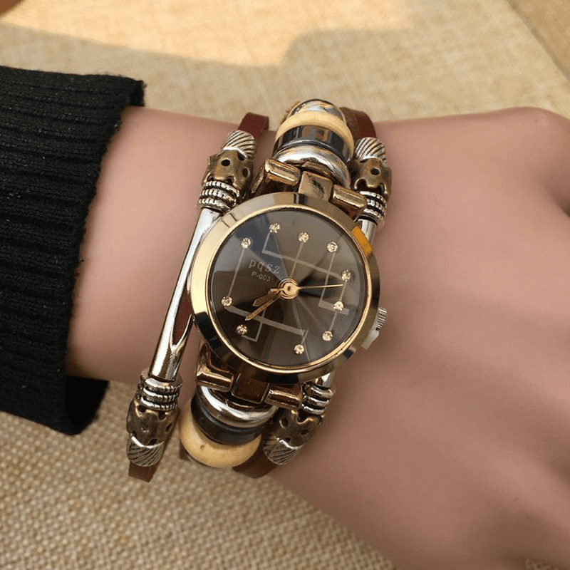 B15 Fashion Rhinestone Stainless Steel Buckle Leather Strap Couple Quartz Watch Bracelet Watch - Trendha