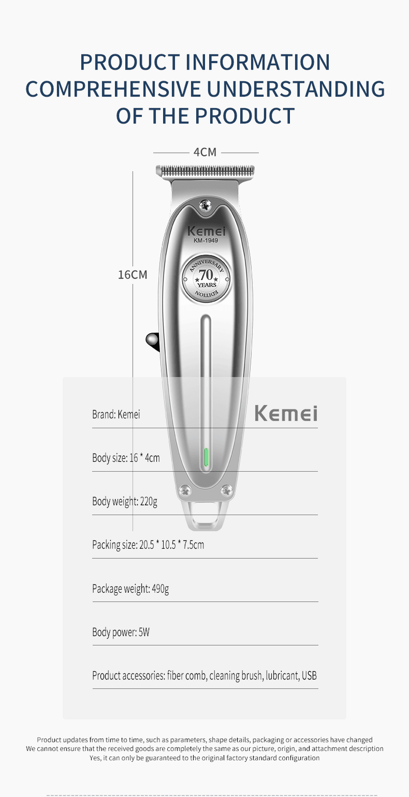 Kemei-1949 All Metal Professional Hair Clipper Men Electric Cordless Hair Trimmer 0Mm Baldheaded T Blade Haircut Machine Barber - Trendha