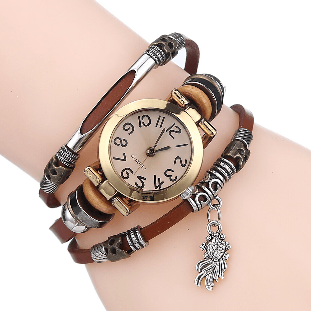 Vintage Braided Quartz Watch Small Dial Thin Belt Goldfish Pendant Belt Bracelet Watch - Trendha