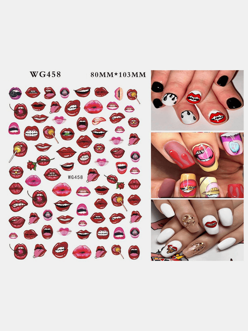 3D Nail Art Stickers Heart Colorful Red Lip Nail Transfer Decals Valentine'S Day Tips - Trendha