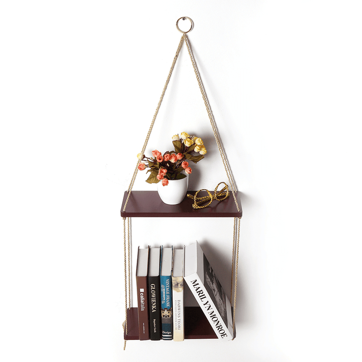 35Cm/45Cm 2 Layers Solid Wood Rope Hanging Wall Shelf Vintage Floating Storage Rack Wall Mount Bookshelf Home Decorations - Trendha