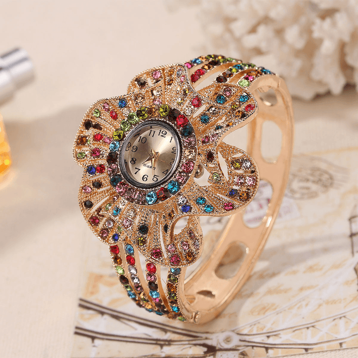 Fashion Crystal Flower Shape Dial Hollow Metal Strap Women Quartz Watch - Trendha