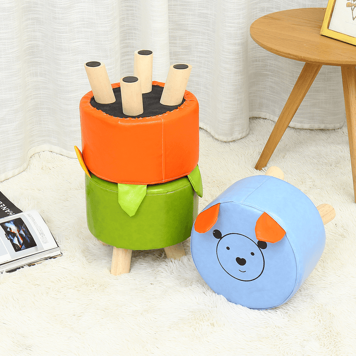Cartoon PU Stool Wooden Legs Family Living Room round Stool Creative Leisure Sofa Small Bench Home Supplies - Trendha