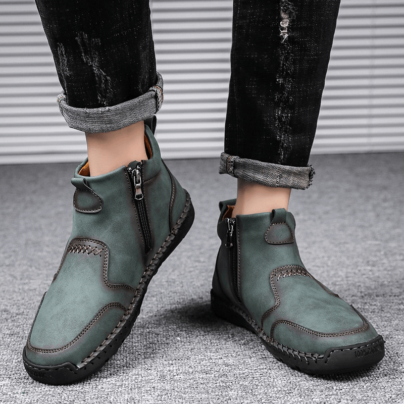 Men Hand Stitching Microfiber Leather Comfy Non Slip Side Zipper Ankle Boots - Trendha