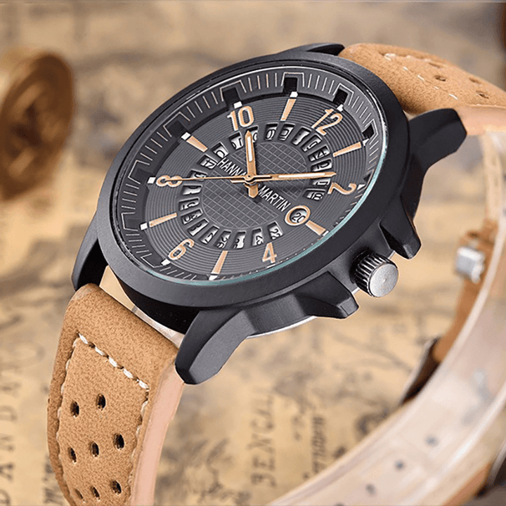 Fashion Causal Creative Date Display Waterproof Leather Strap Men Quartz Watch - Trendha