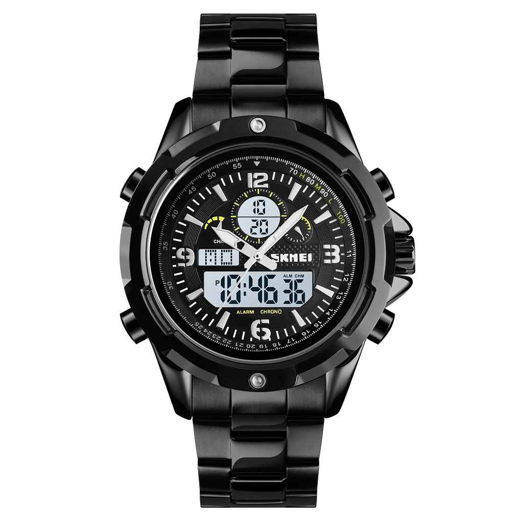 SKMEI 1499 Fashion Men Digital Watch Luminous Date Week Display Stopwatch Countdown Stainless Steel Strap Dual Display Watch - Trendha
