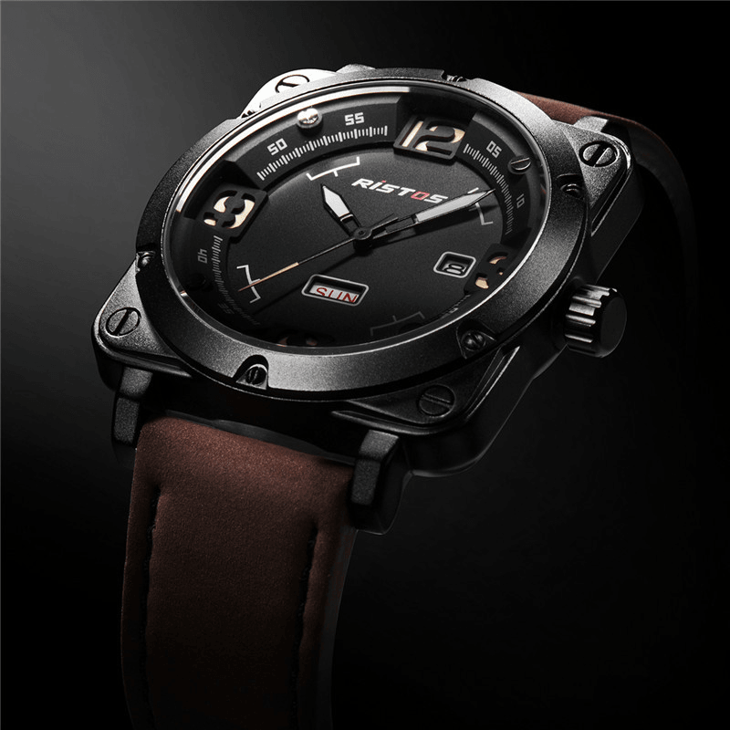 RISTOS 9320 Business Casual Leather Strap Date Week Luminous Time Display Men Wrist Watch Quartz Watches - Trendha