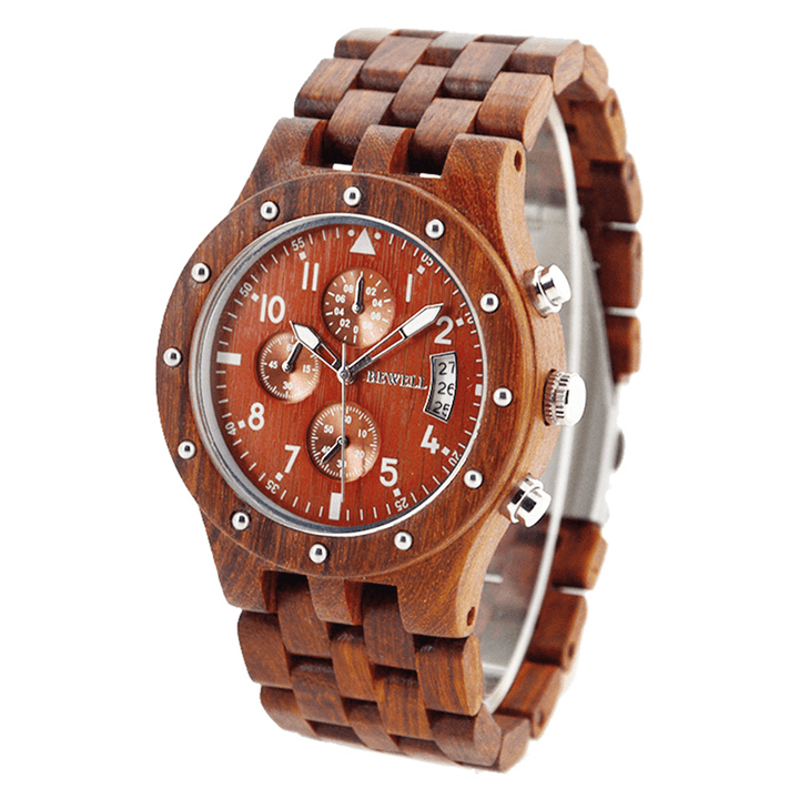 BEWELL Multifunction Wooden Wrist Watch Creative Date Display Men Quartz Watch - Trendha