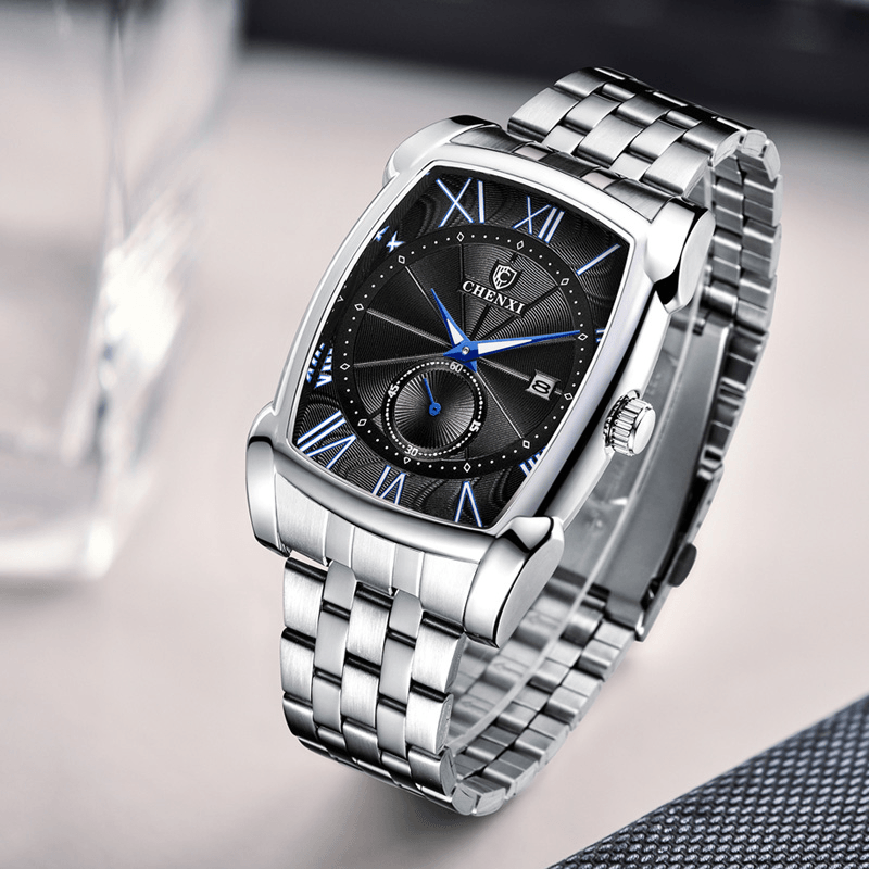 CHENXI CX-8206 Fashion Men Watch Rectangular Dial Luminous Date Display Stainless Steel Strap Waterproof Quartz Watch - Trendha